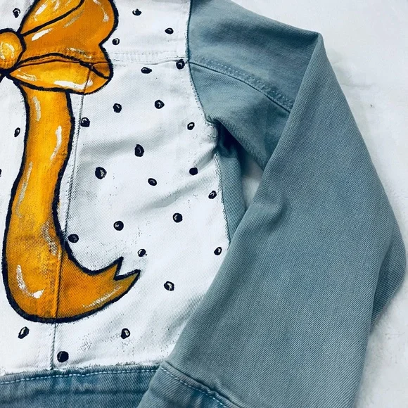Kids Hand-Painted Denim Jacket with Orange Bow Design - Picture 4 of 12